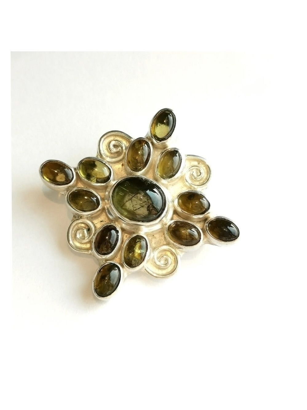 STERLING Silver cabochon tourmaline brooch